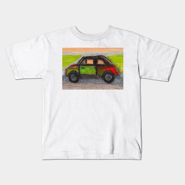 Italian Car Fiat in Green and Red with Grassy Background Kids T-Shirt by PodmenikArt